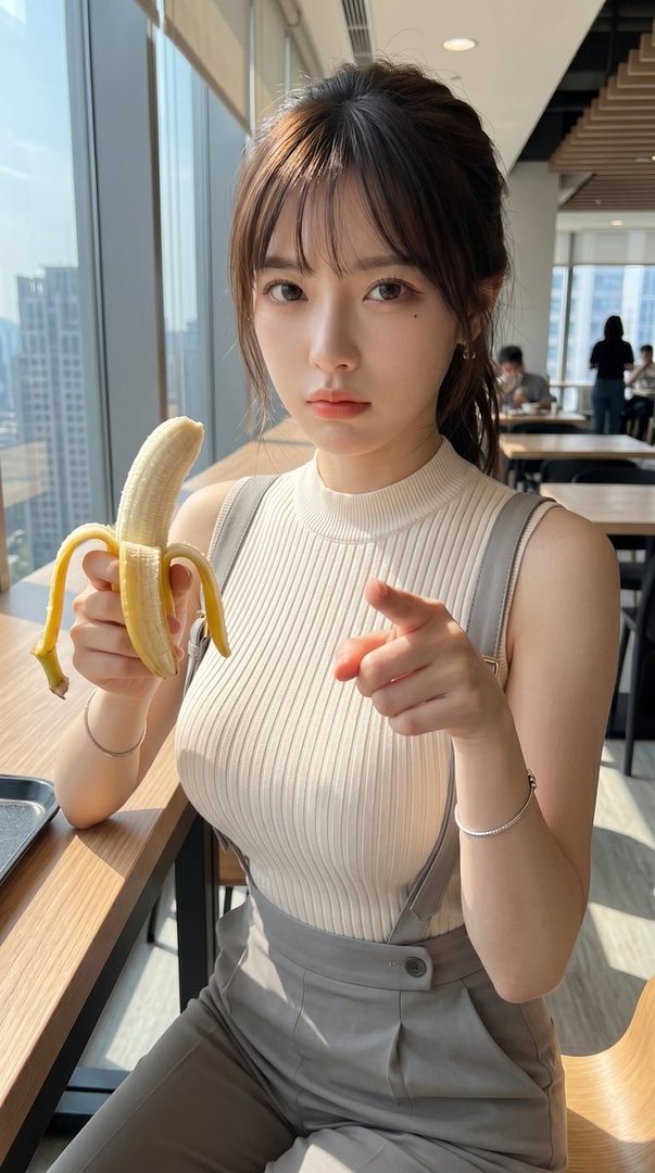 A young woman with brown hair and bangs, wearing a light-colored ribbed top and grey overalls, holds a peeled banana and points forward in an indoor setting with large windows.