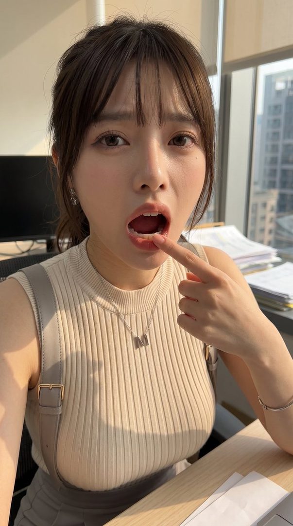 A young woman with brown hair and bangs, wearing a ribbed top and a necklace, points to her open mouth with a playful expression in an office setting.