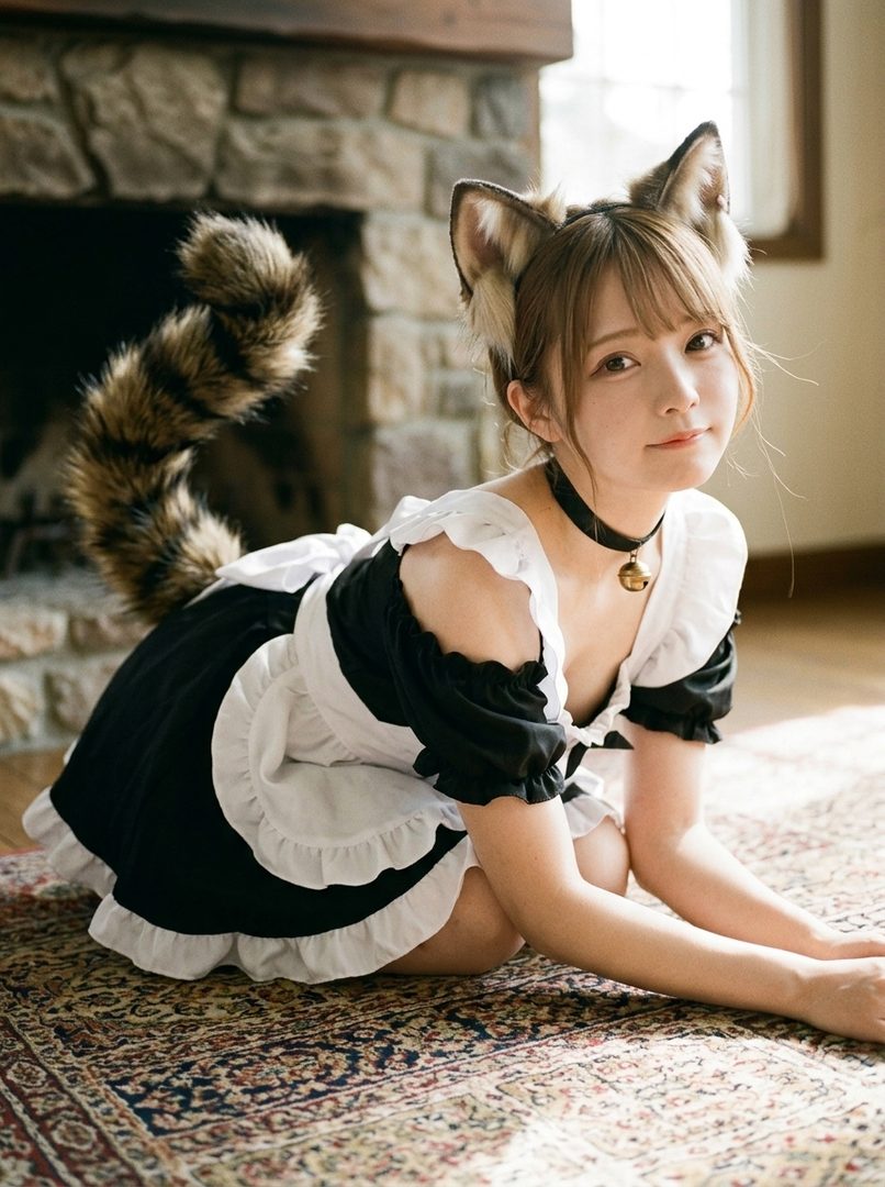A cute Japanese woman in a maid outfit with cat ears and tail kneels on a patterned rug indoors, looking at the camera.