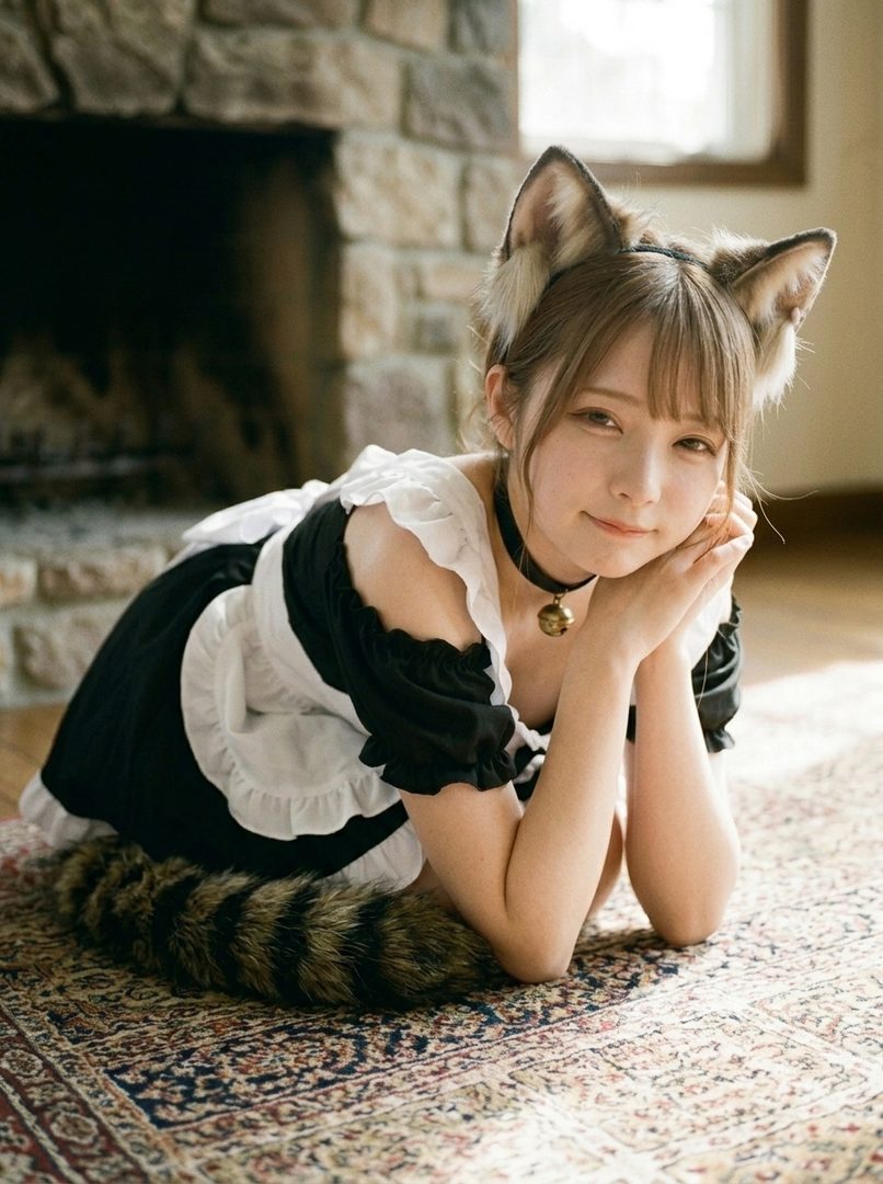 A cute girl with cat ears and a maid outfit is posing on a rug in front of a fireplace.