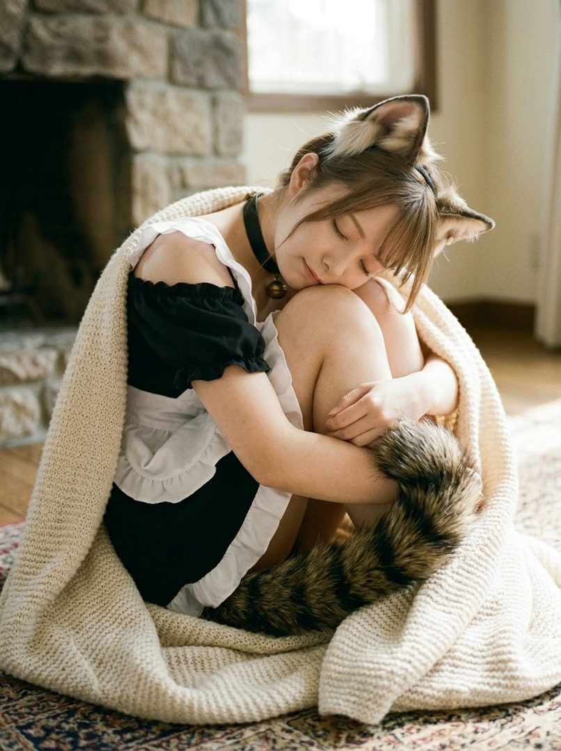 A young woman with cat ears and a maid outfit is curled up on a rug, covered by a blanket, with her eyes closed.