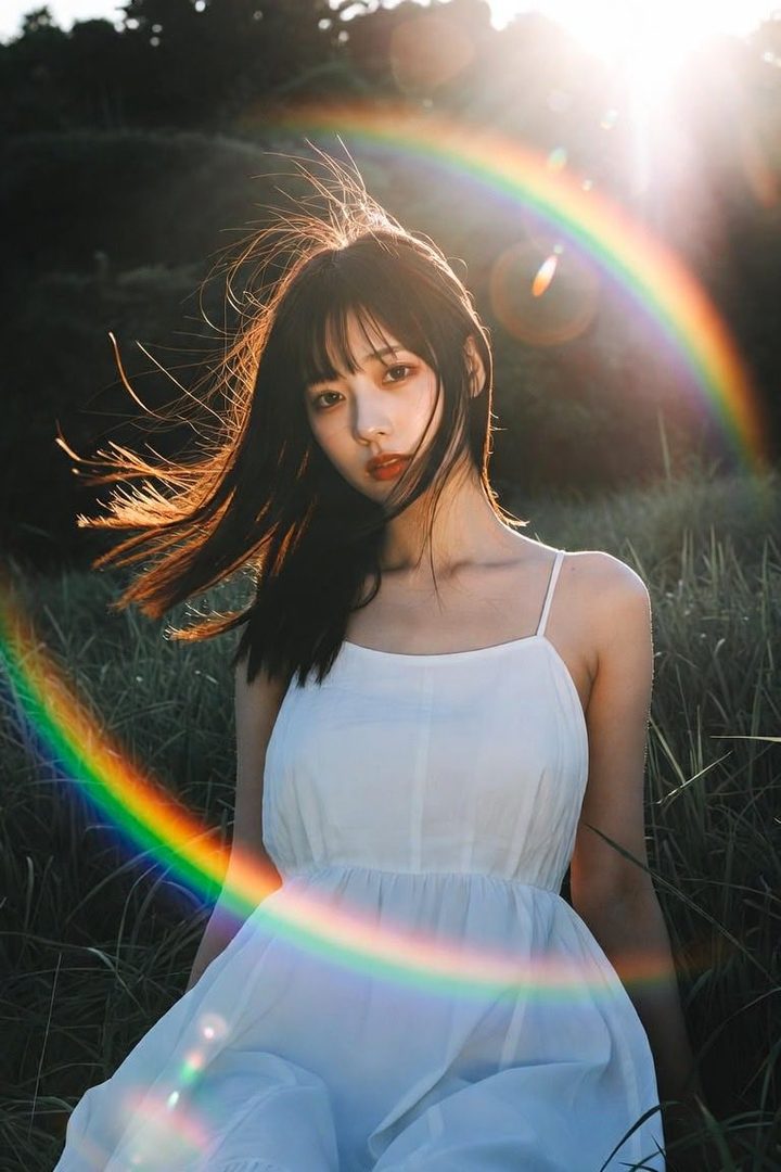 A young woman with long black hair and bangs wears a white dress, sitting outdoors in tall grass during golden hour with a rainbow lens flare.