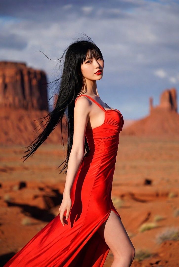 A woman in a red dress stands in a desert landscape with rock formations in the background.