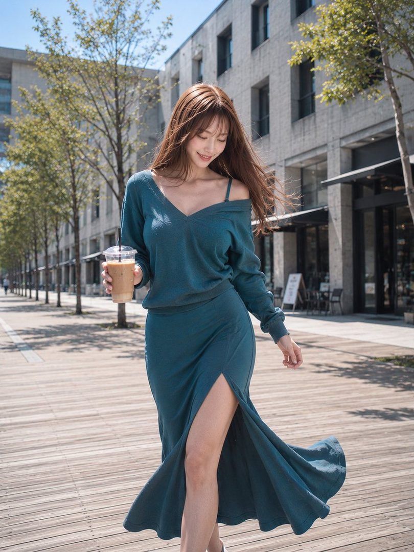 A young woman with long brown hair, wearing a teal off-the-shoulder top and a matching long skirt with a high slit, walks outdoors on a sunny day while holding a drink.