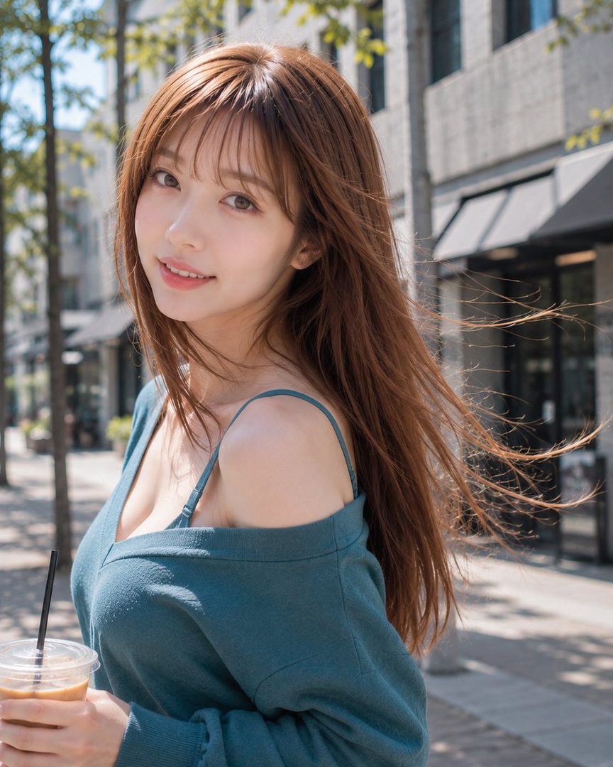 A young woman with long brown hair and bangs, wearing a teal off-the-shoulder top, smiles while holding a drink on a sunny street.