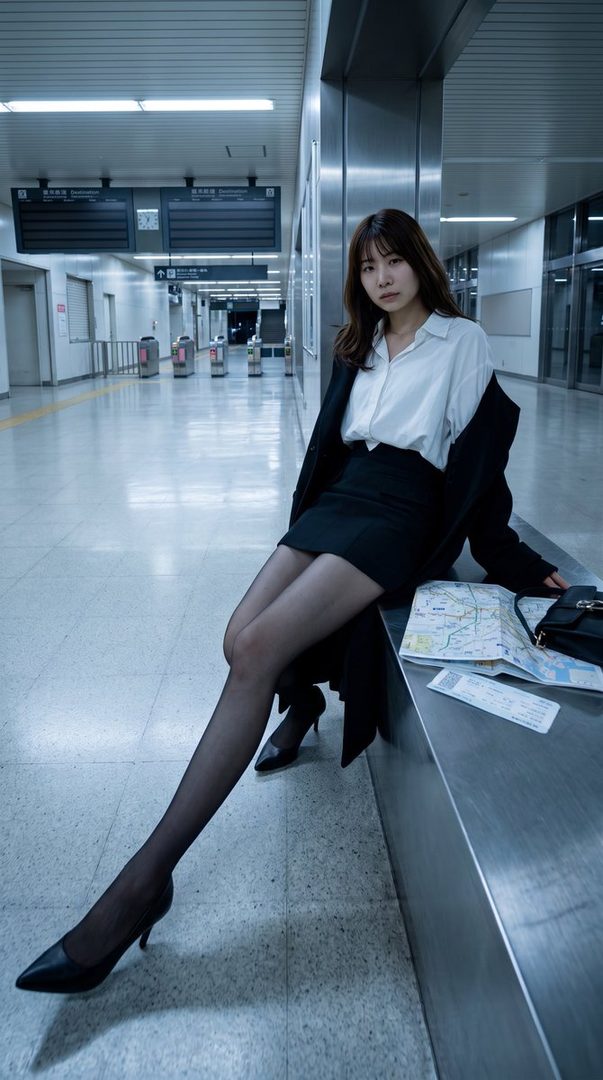 A woman with long brown hair and bangs, wearing a white blouse, black skirt, and black coat, sits on a bench in a subway station at night, looking at the camera.