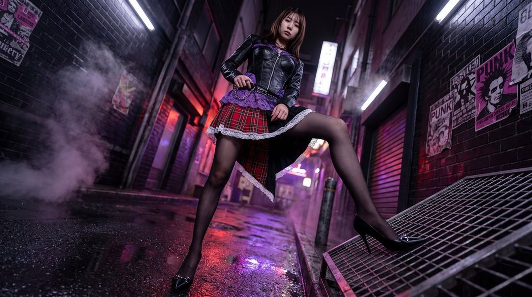 A woman in a black leather jacket and plaid skirt poses in a dark, neon-lit alleyway with steam rising from the ground.