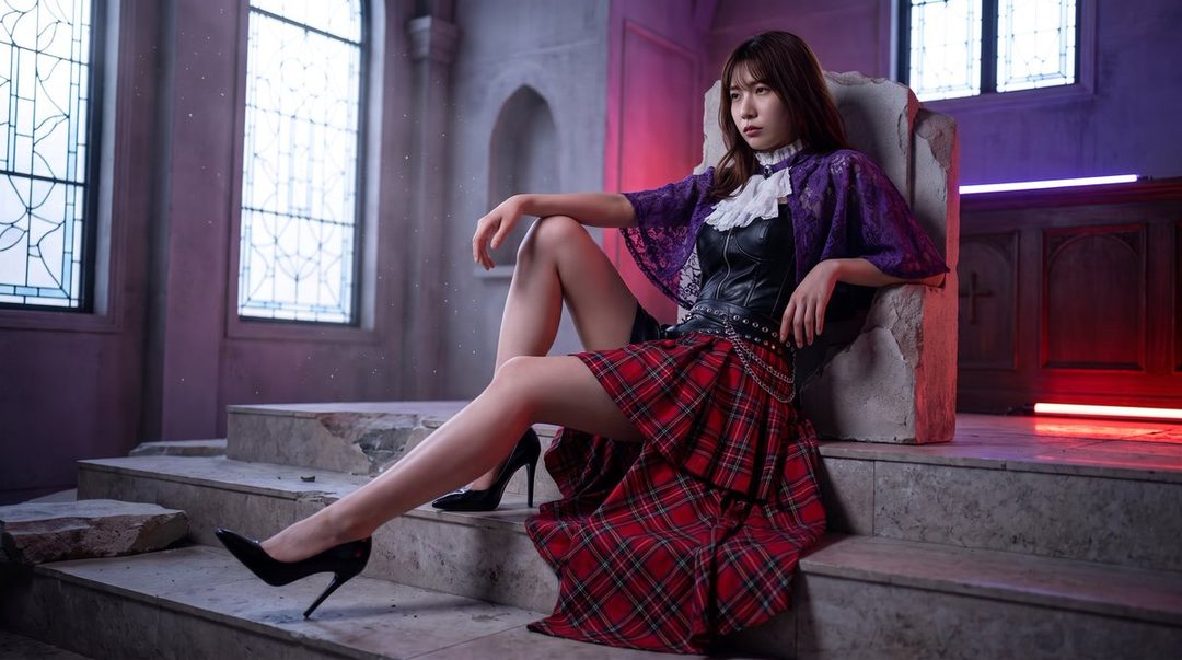A young woman with long brown hair, wearing a purple lace top, black corset, and red plaid skirt, sits on stone steps in an indoor setting with stained glass windows.