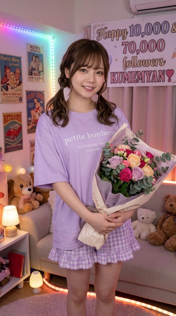 A young woman with brown twintails and bangs, wearing a purple t-shirt and plaid shorts, holds a bouquet of flowers in a cozy room with colorful lights and teddy bears.