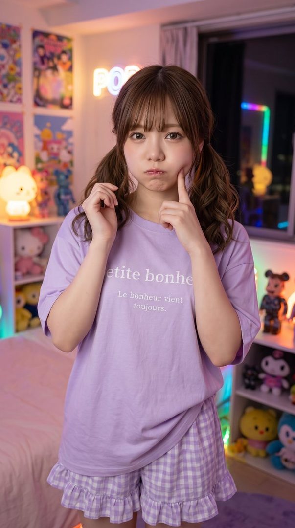 A young woman with brown hair in pigtails and bangs, wearing a purple t-shirt and checkered shorts, makes a pouting face while touching her cheeks in a colorful room.