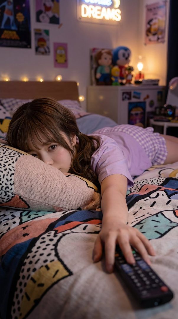 A young woman with brown hair and bangs lies on a colorful bedspread in a cozy bedroom, holding a TV remote.