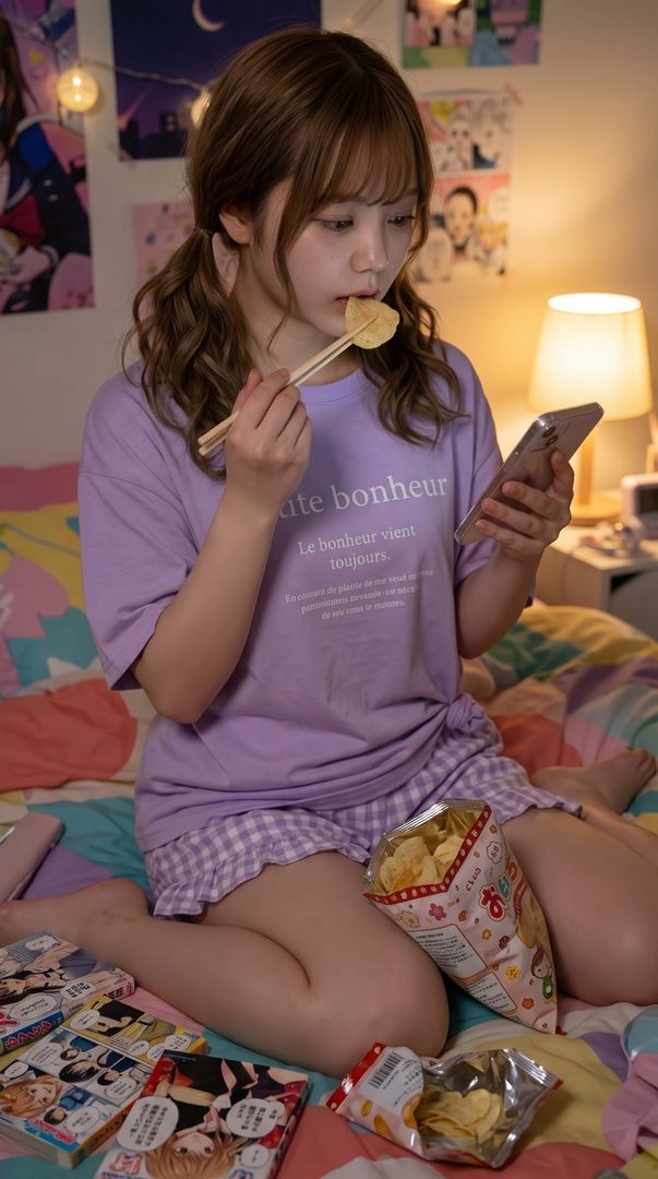 A young woman with brown twintails sits on a bed in a bedroom, eating chips with chopsticks while looking at her phone.