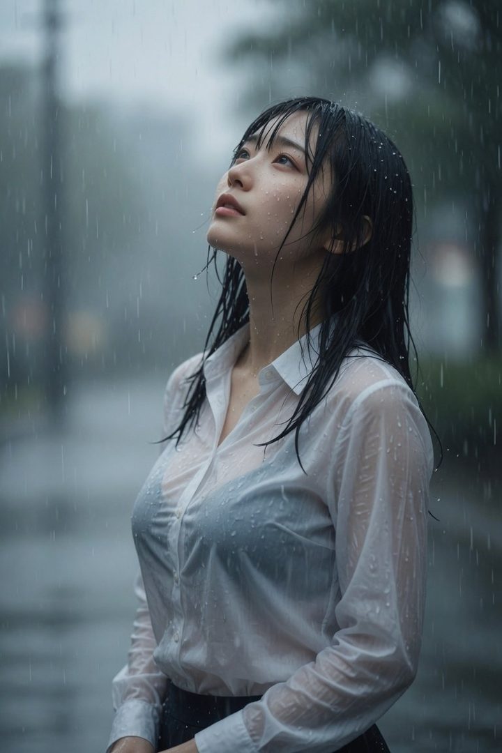 A photorealistic portrait of a young East Asian woman with black hair, looking up in the rain, wearing a wet white blouse.
