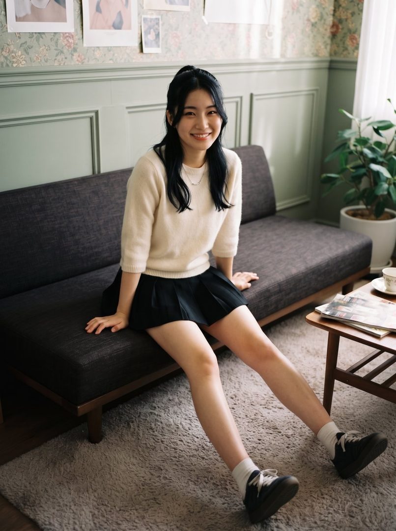 A young woman with black hair, wearing a cream sweater and black pleated skirt, sits on a sofa in a cozy indoor setting, smiling at the camera.