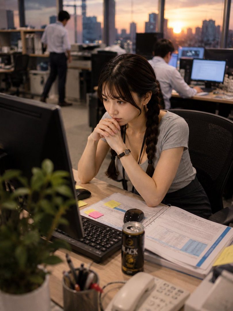 A young woman with braided black hair and bangs is focused on her computer screen in an office setting during golden hour.