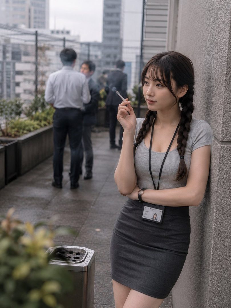 A young woman with black braided pigtails and bangs, wearing a grey top and dark skirt, stands on a rooftop smoking, with other people in the background.