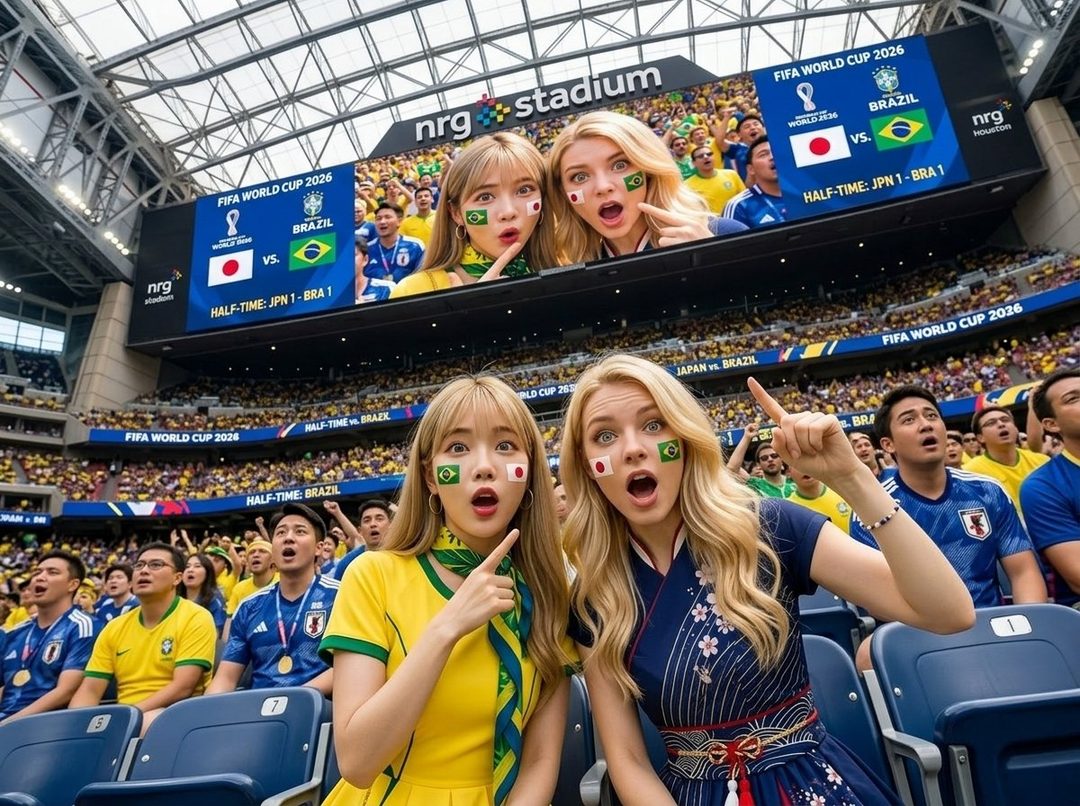 Two women with flag face paint, one with brown hair and one with blonde hair, are excitedly watching a FIFA World Cup match in a stadium.
