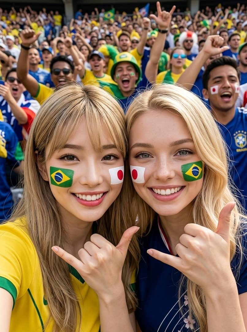 Two young women, one East Asian and one Western, with blonde hair, smile at a soccer stadium, wearing jerseys and face paint of the Brazilian and Japanese flags, making shaka signs.