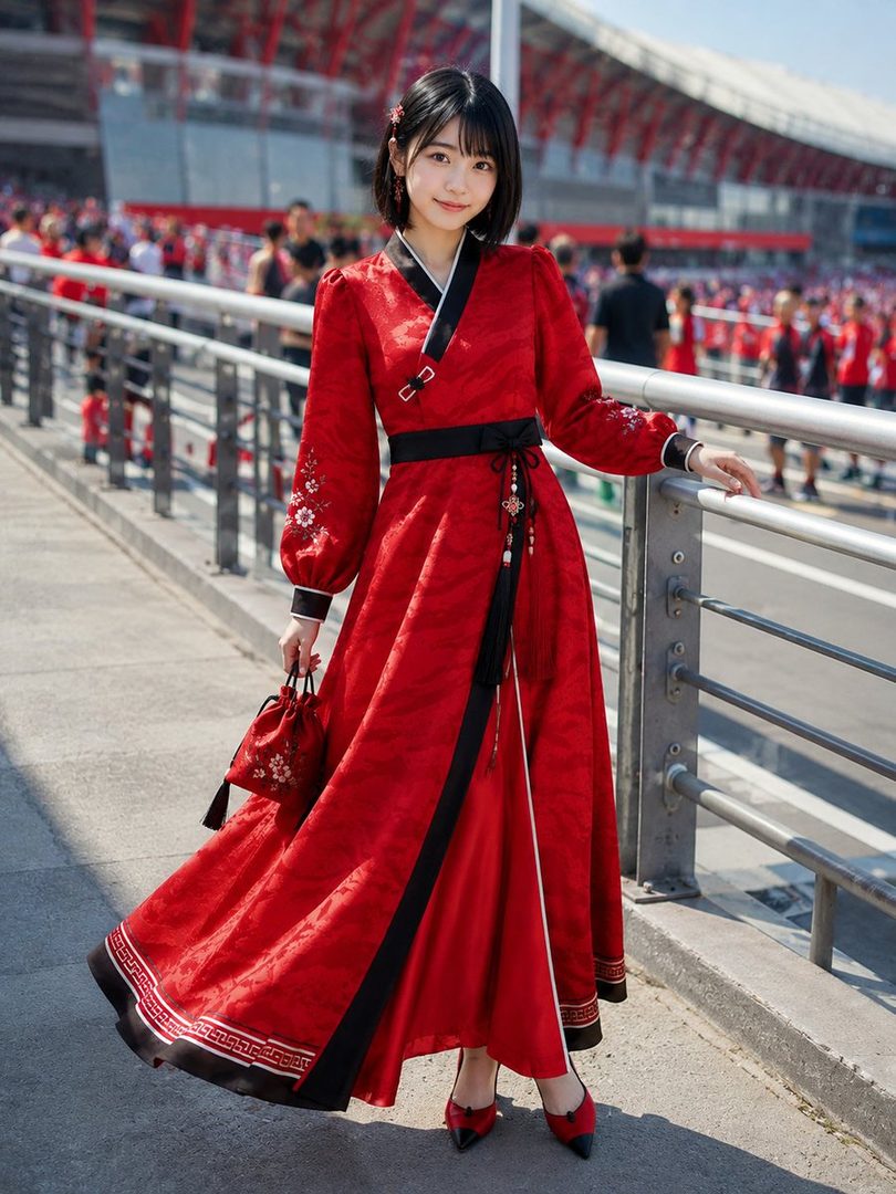 A young woman with short black hair wears a red dress with black accents and holds a small matching bag, standing outdoors with a stadium in the background.
