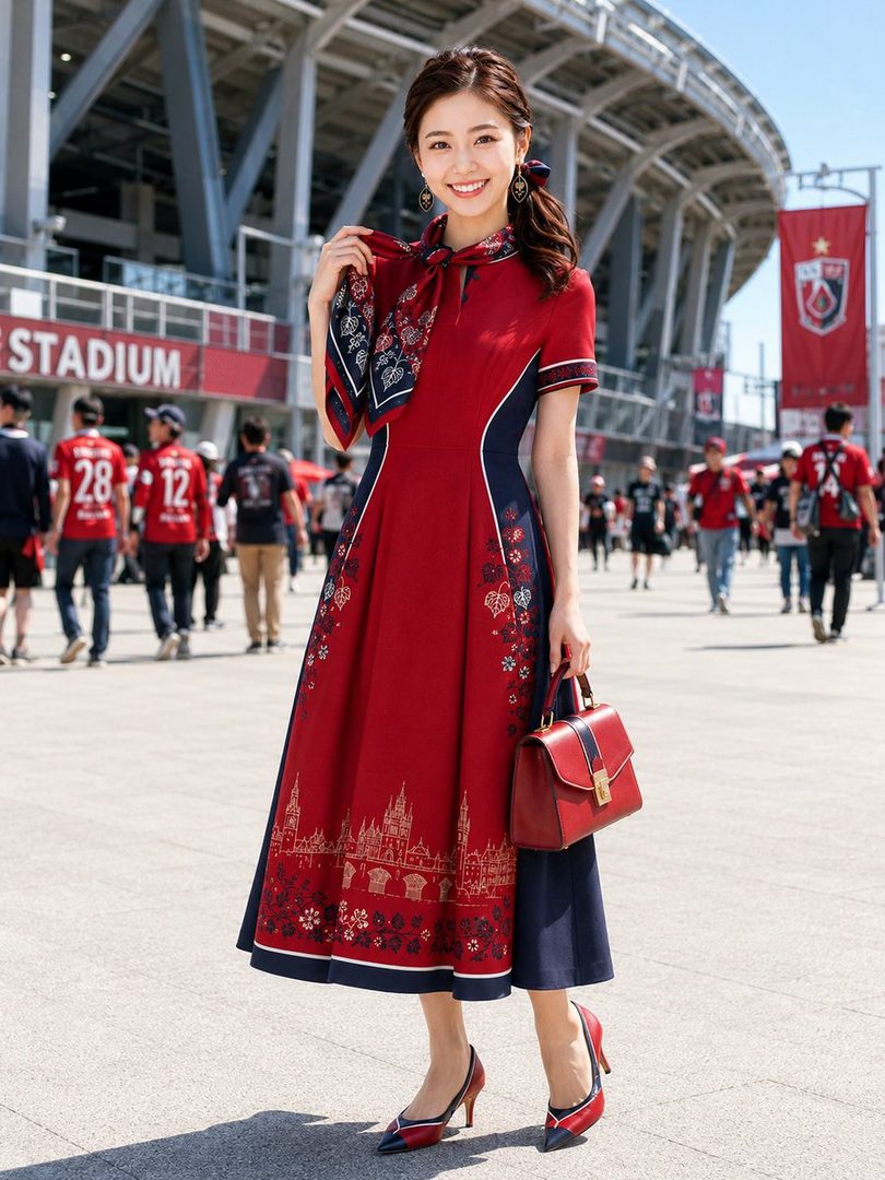 A smiling woman in a red and blue dress with a matching scarf and handbag stands outside a stadium.