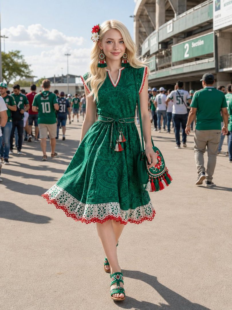 A blonde woman in a green dress with red and white trim, inspired by the Mexican flag, walks outdoors near a stadium.