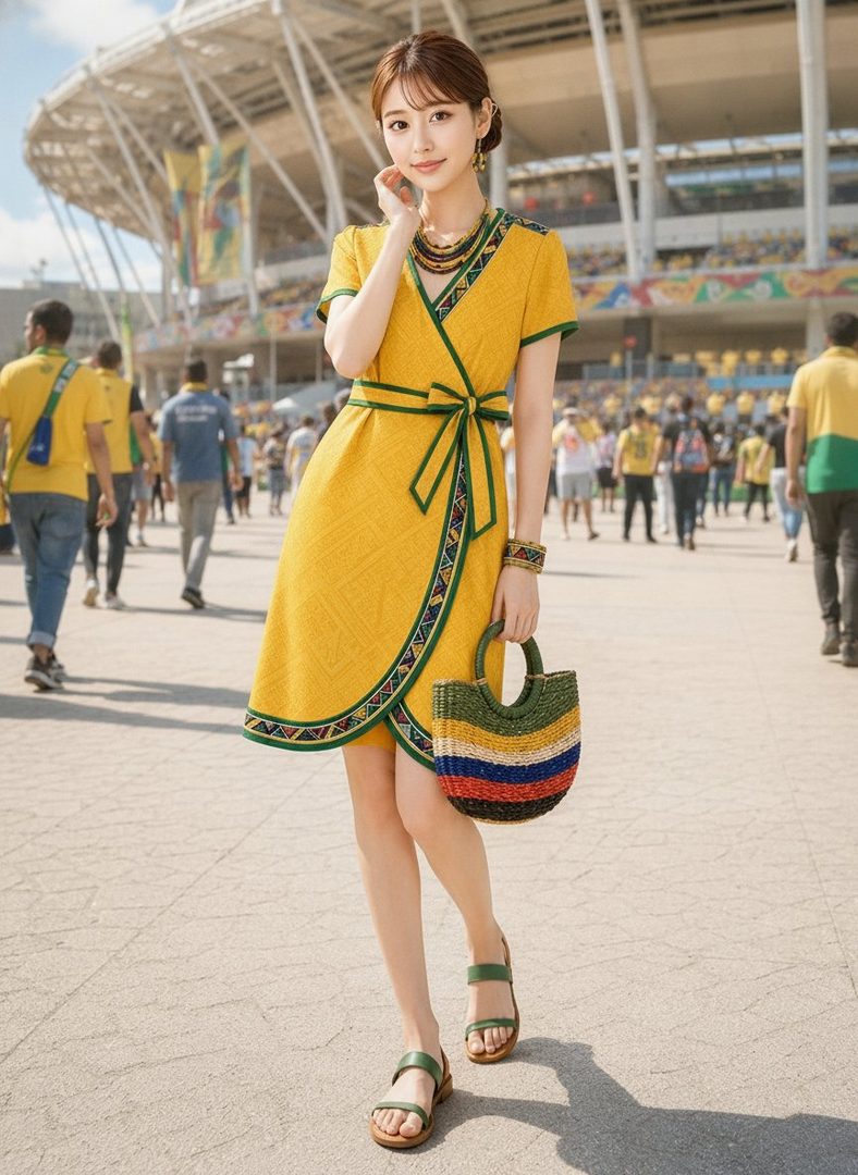 A young woman in a yellow dress inspired by a national team uniform stands outdoors near a stadium, holding a colorful woven bag.