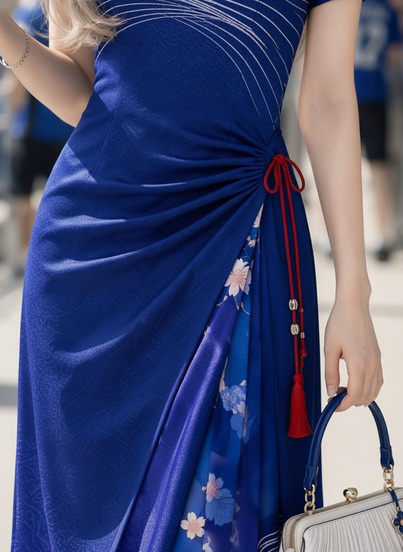 A woman in a blue dress with a floral pattern and red tassels holds a white handbag.