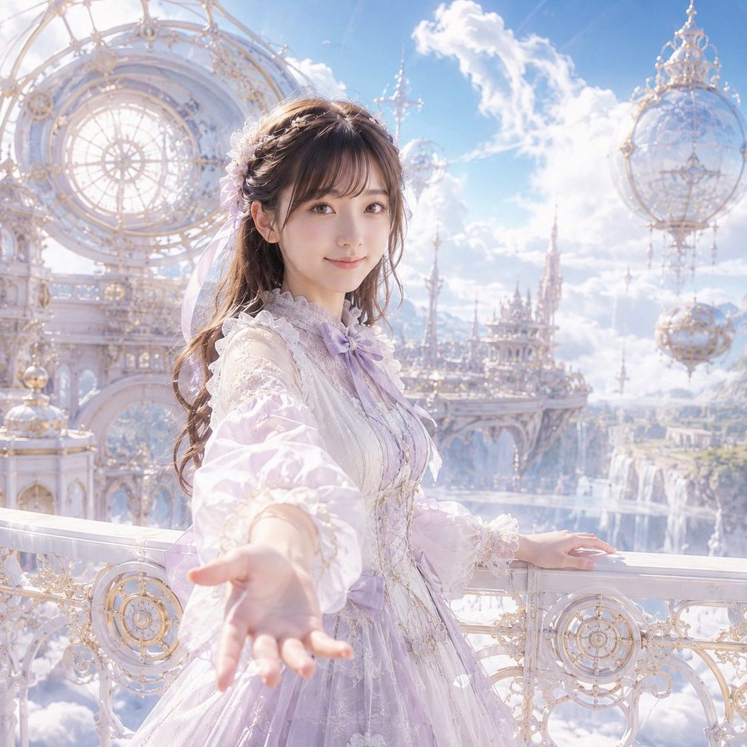 A beautiful woman in a light purple dress extends her hand in a fantastical, cloud-filled city.