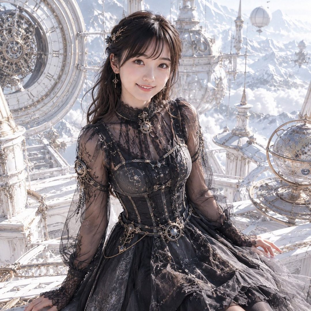 A young woman with long brown hair and a black gothic-style dress smiles in a fantastical, snowy, clockwork-inspired outdoor setting.