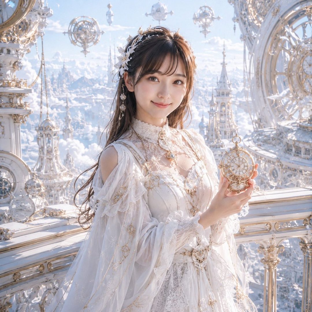 A beautiful woman in an ornate white and gold dress holds a pocket watch, standing on a balcony overlooking a fantastical city in the clouds.