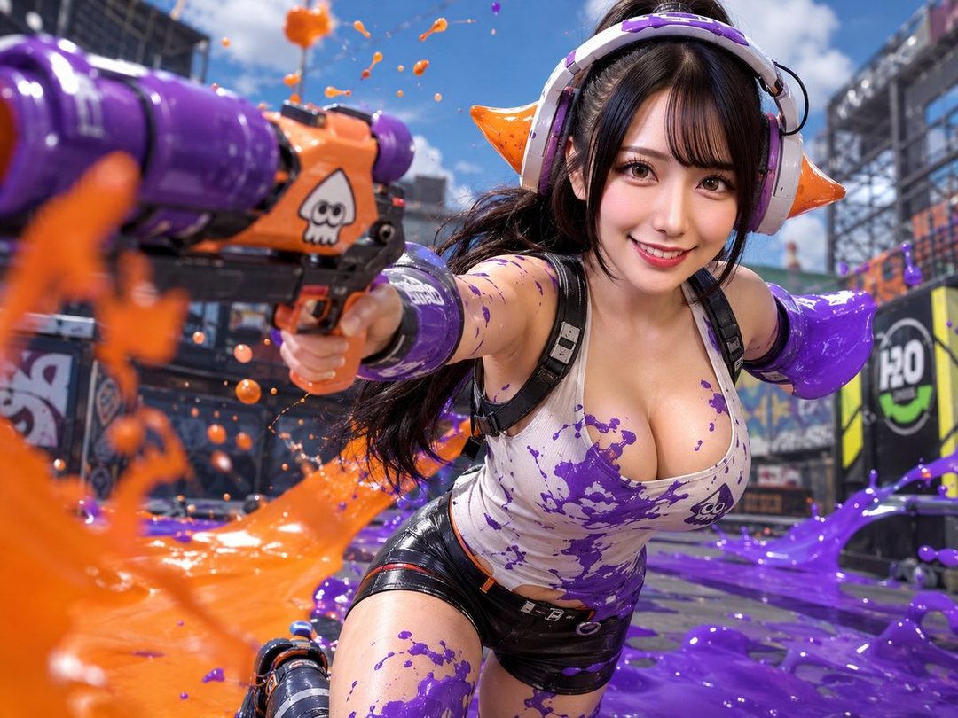 A photorealistic AI-generated image of a woman cosplaying as a Splatoon character, holding a purple and orange ink gun, covered in purple and orange ink.