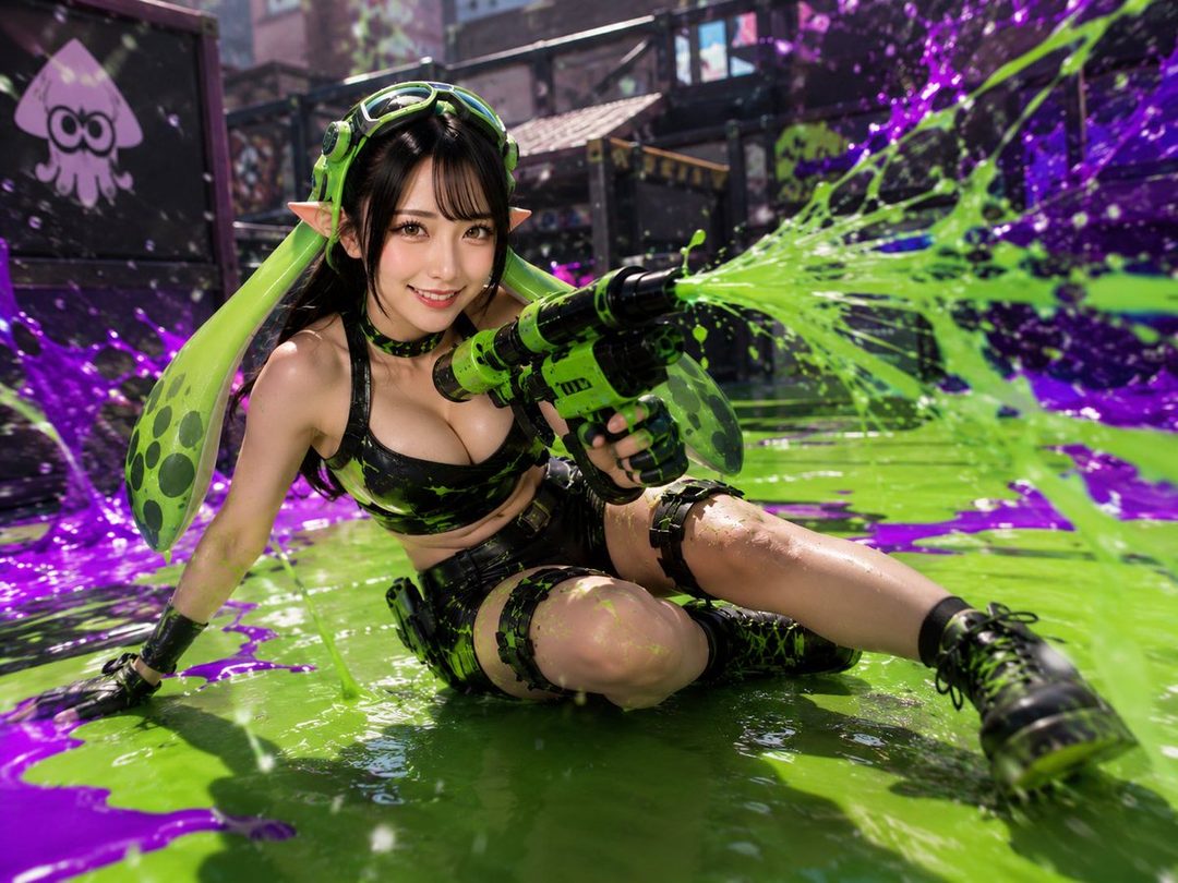 A photorealistic AI-generated image of a woman cosplaying as a Splatoon character, wearing a black and green outfit, holding a water gun, and sitting in green and purple ink.