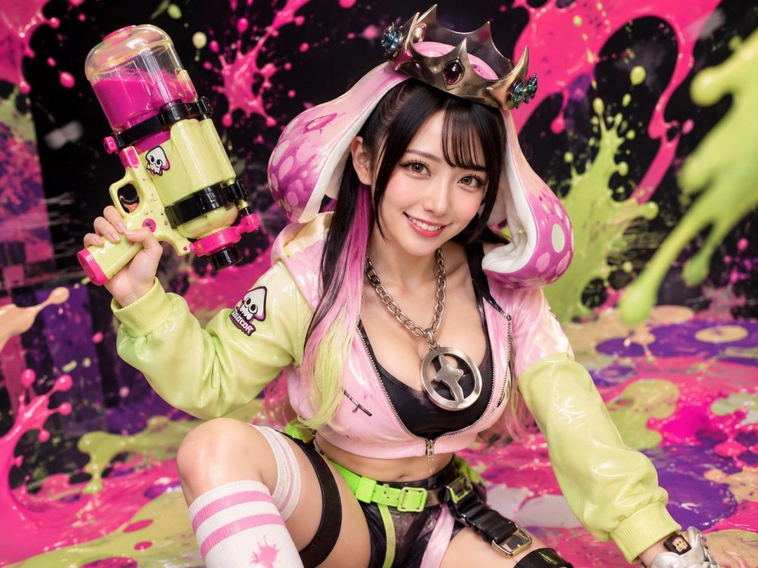 A photorealistic AI-generated image of a woman cosplaying as a Splatoon character, holding a neon green and pink water gun, surrounded by colorful paint splatters.