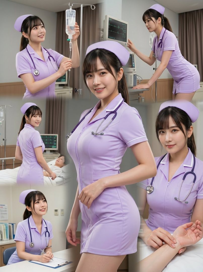 A photorealistic image of a young woman dressed as a nurse in a purple uniform, depicted in various poses within a hospital setting.