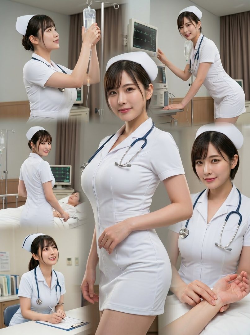 A collage of a young Japanese woman dressed as a nurse in various poses within a hospital setting.