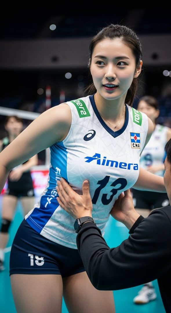 A photorealistic AI-generated image of a young East Asian woman in a white and blue volleyball uniform, with a man's hands on her chest, looking playfully to the side.