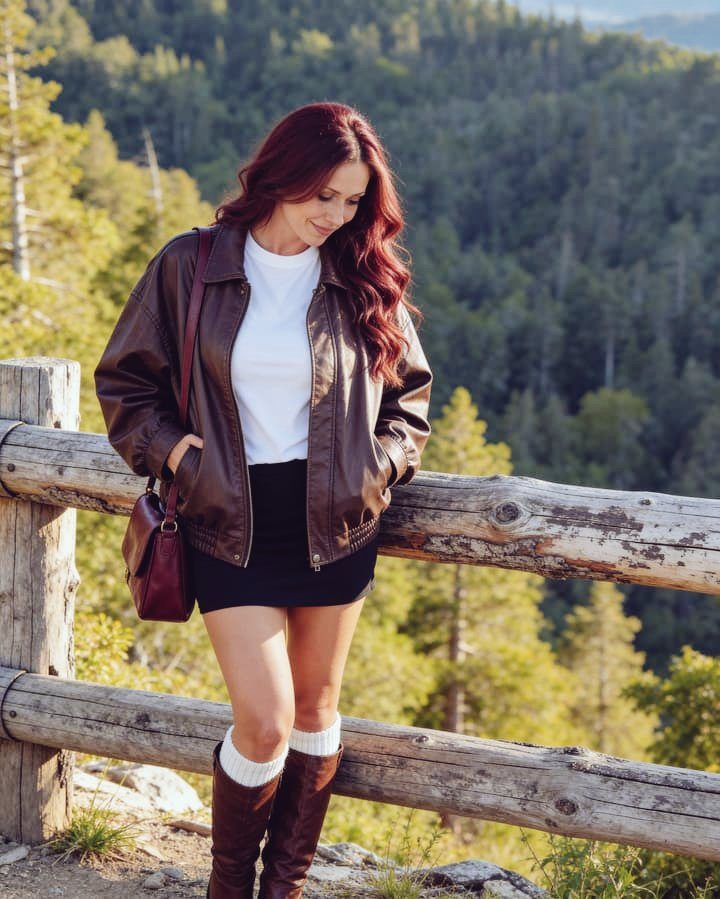 A woman with long red hair, wearing a brown leather jacket, white t-shirt, black skirt, and brown boots, stands outdoors by a wooden fence with a forest in the background.