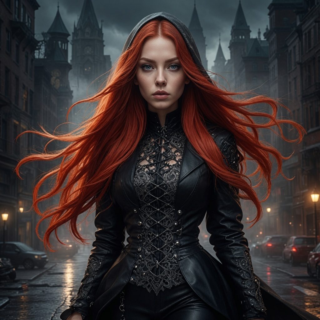 A woman with long red hair and a black hooded coat stands on a wet city street at night.