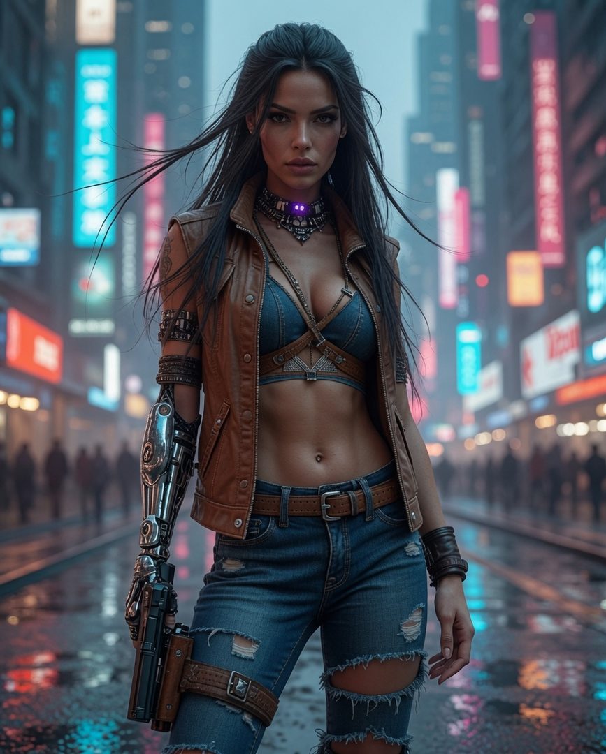 A photorealistic image of a woman with long black hair, wearing a brown leather vest, denim bra top, and ripped jeans, standing on a wet city street at night with neon lights in the background.