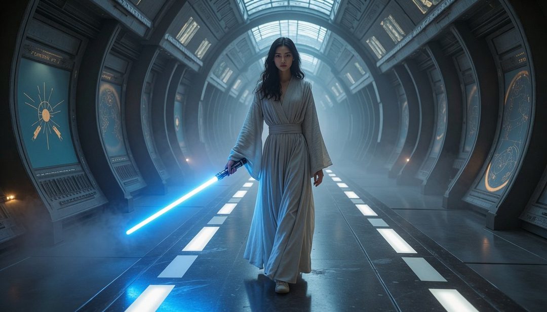 A woman in a long light-colored dress holds a glowing blue lightsaber in a futuristic corridor.