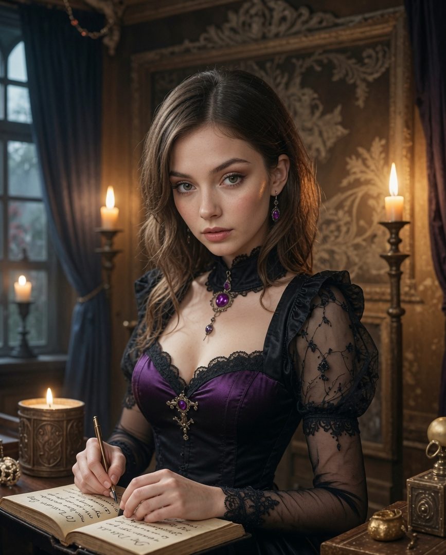 A photorealistic portrait of a woman with long brown hair, wearing an elegant purple and black dress, writing in a book by candlelight in a dimly lit room.