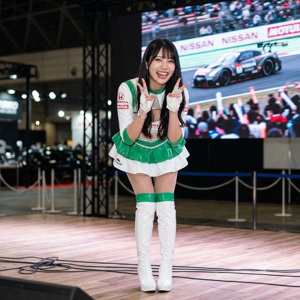 A smiling woman in a green and white race queen outfit poses with peace signs in front of a large screen displaying a race car.