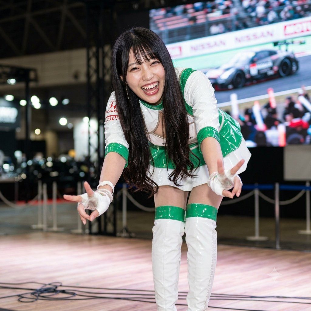 A cheerful woman in a green and white race queen outfit poses indoors, making a peace sign with both hands.