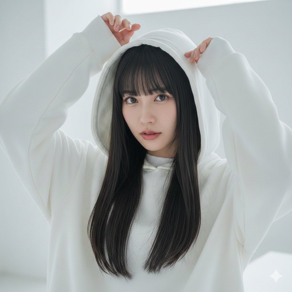 A young woman with long black hair and bangs wears a white hoodie, looking directly at the camera.