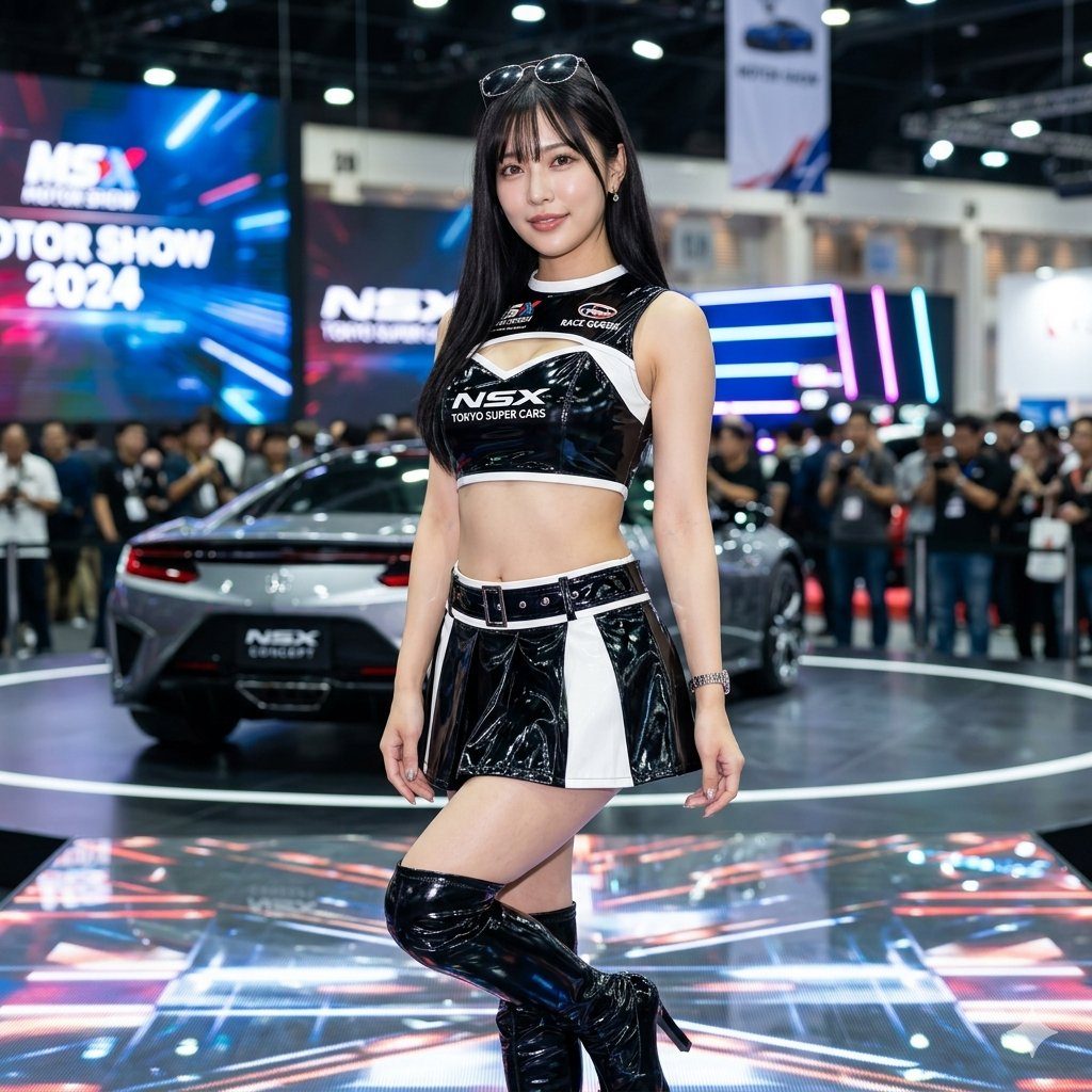 A photorealistic image of a woman with long black hair and bangs, wearing a black and white race queen outfit, posing at an indoor motor show.