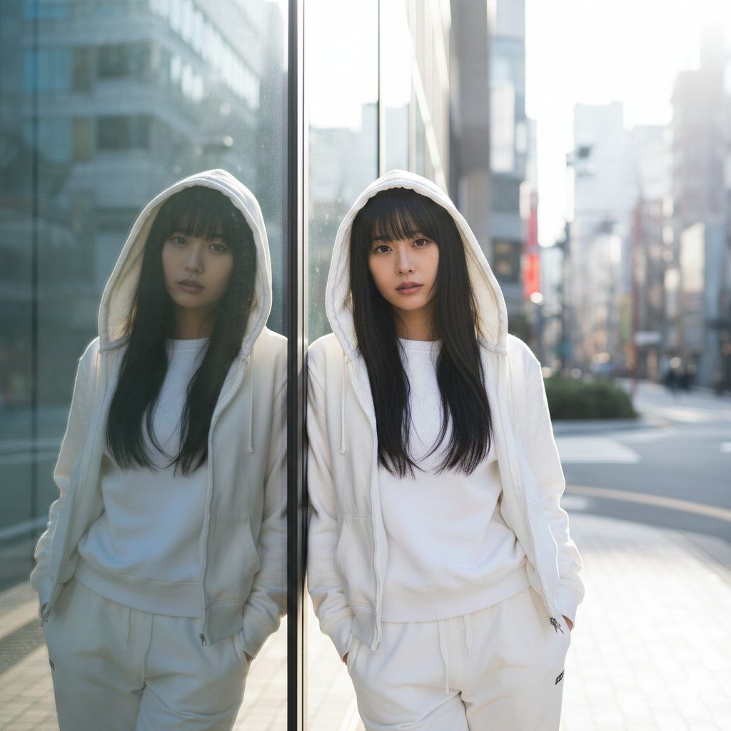 A young woman with long black hair and bangs, wearing a white hooded sweatshirt and sweatpants, leans against a glass building on a city street.