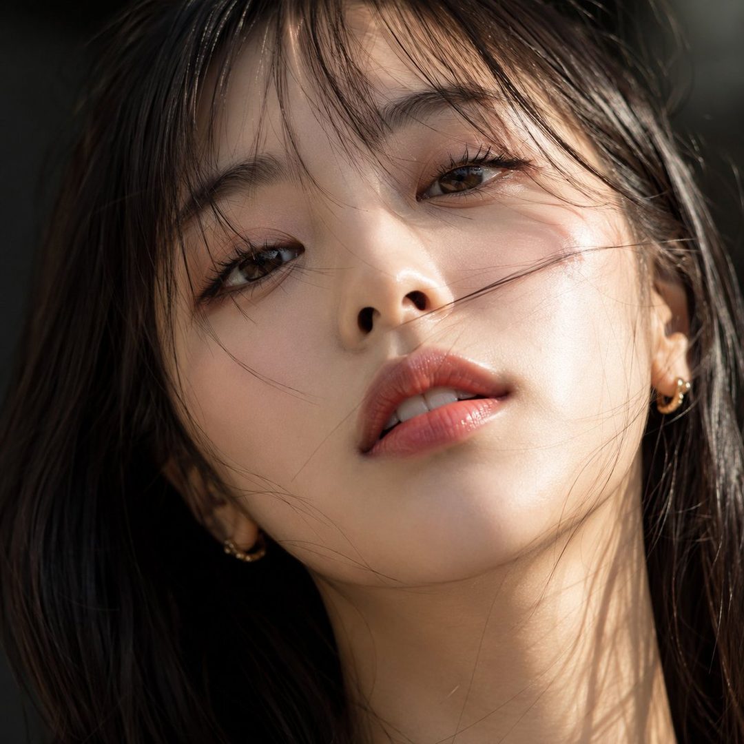 A close-up portrait of a young East Asian woman with long black hair and bangs, looking directly at the camera with a fresh expression.