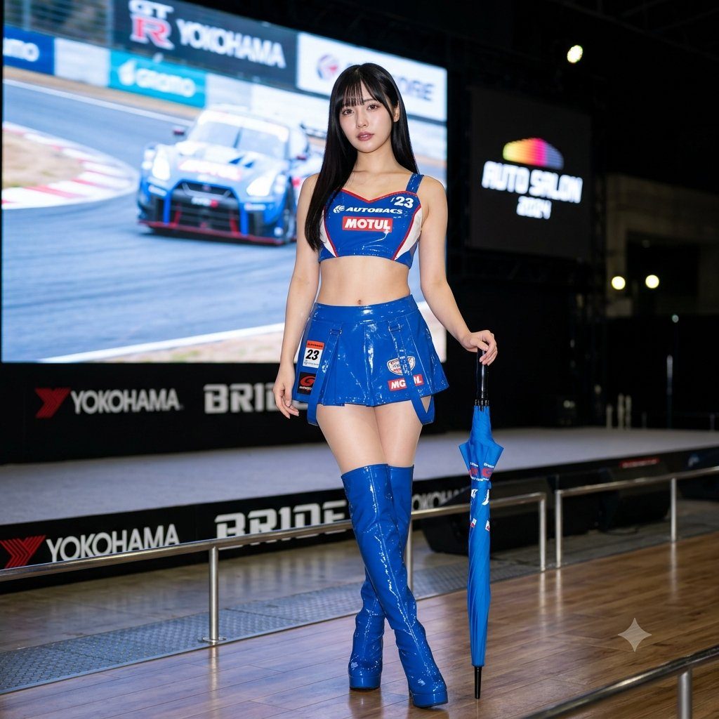 A photorealistic image of a Japanese race queen in a blue and white uniform, holding an umbrella, standing in an indoor exhibition hall with a large screen displaying a race car.