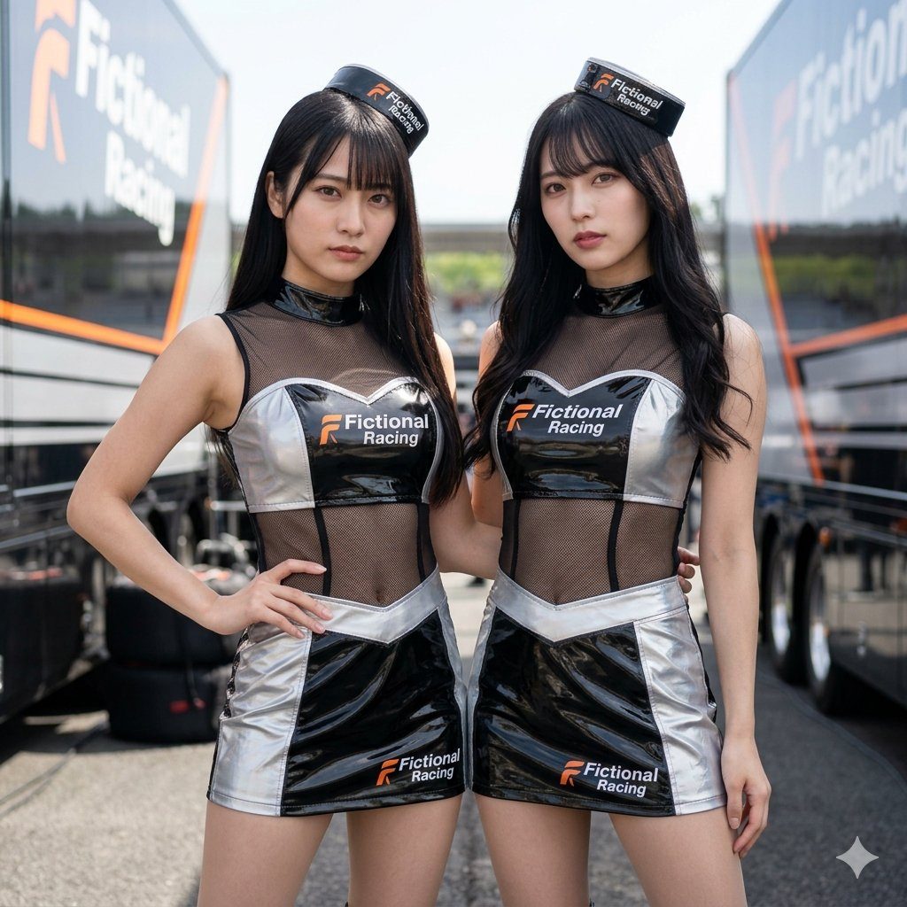 Two women in black and silver race queen outfits with "Fictional Racing" logos stand outdoors.