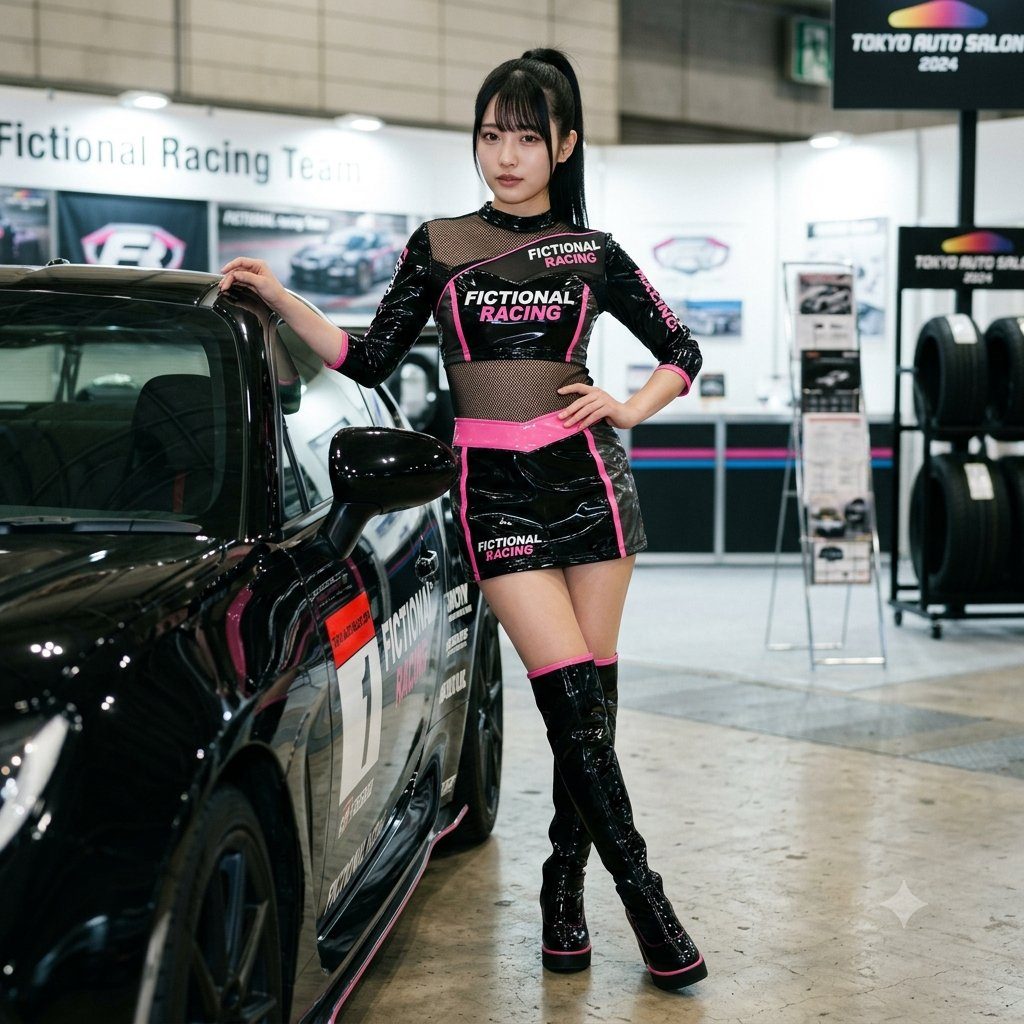 A woman in a black and pink racing outfit poses next to a black car at an auto show.